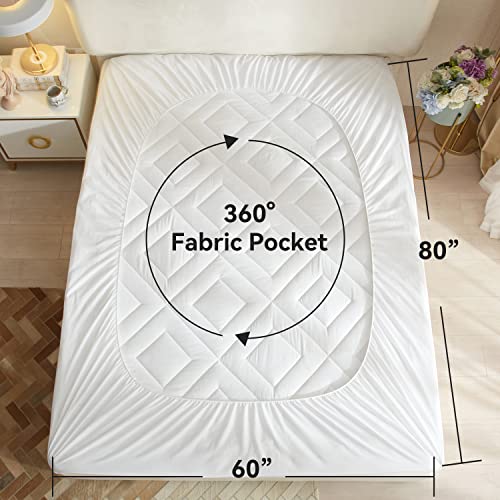  Win Mattress Pad Waterproof, 21" Deep Pocket Cooling Mattress Covers Fitted (39x75 Inches, White)