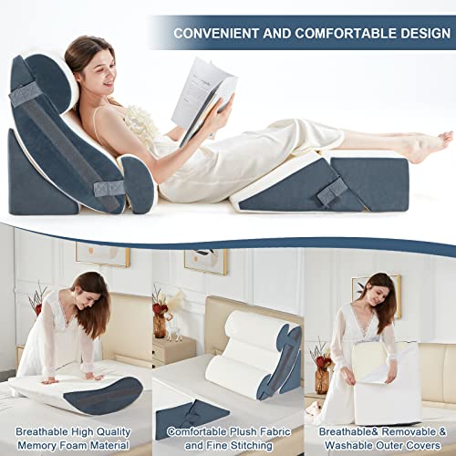  6pcs Orthopedic Bed Wedge Pillow Set, Memory Foam Wedge Pillow For Sleeping, Knee, Lumbar And Back Pain Relief Adjustable Bed Pillow - Acid Reflux, Anti Snoring & GERD Sleeping, Grey