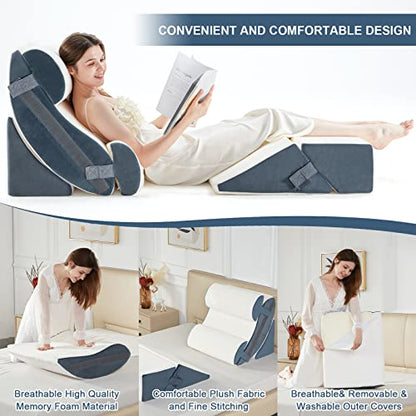  6pcs Orthopedic Bed Wedge Pillow Set, Memory Foam Wedge Pillow For Sleeping, Knee, Lumbar And Back Pain Relief Adjustable Bed Pillow - Acid Reflux, Anti Snoring & GERD Sleeping, Grey