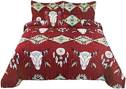  Western Peak 5 Piece Bull Skull Native Tribal Feather Artisan Southwestern Boho Design Quilt Bedding Set With Shams And Decorative Pillows (Black Teal, Queen)