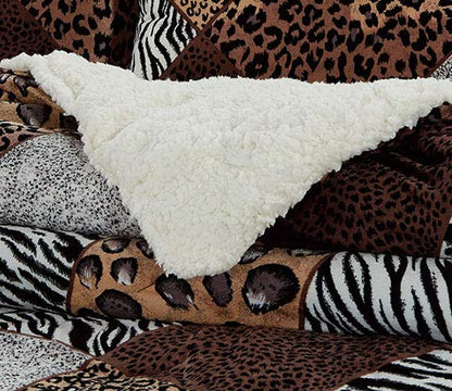  GrandLinen 3 Piece (California) Cal King Size Brown Black White Animal Print Safari Comforter Set. Leopard, Zebra, Cheetah Winter Micro Fur Bedding With Sherpa Backing
