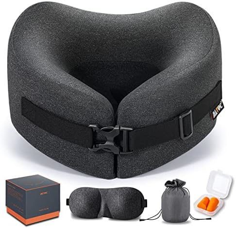  MLVOC Travel Pillow 100% Pure Memory Foam Neck Pillow, Comfortable & Breathable Cover, Machine Washable, Airplane Travel Kit With 3D Contoured Eye Masks, Earplugs, And Luxury Bag, Standard (Black)