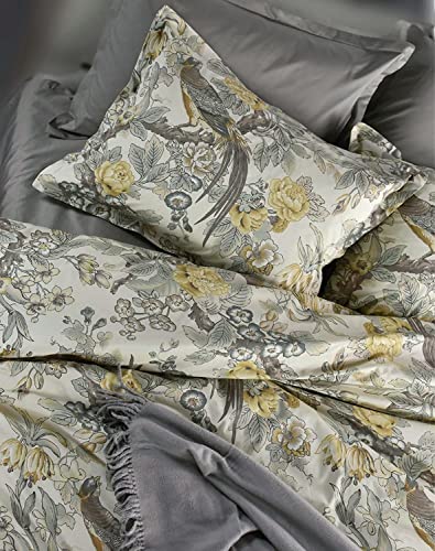  Eikei Chinoiserie Chic Peacock Floral Duvet Cover Paradise Garden Botanical Bird And Tree Branches Vintage Stylized Long Staple Cotton 2pc Bedding Set (Twin, Yellow)