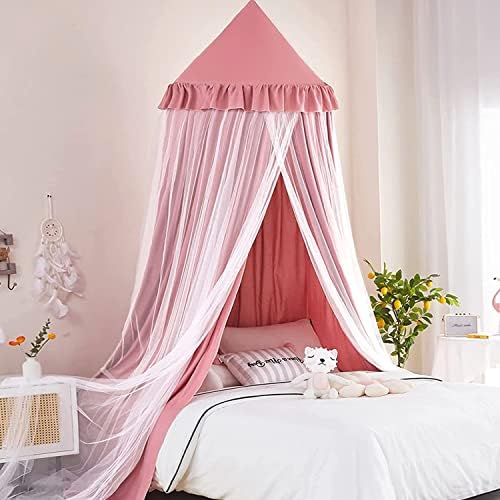  Kertnic Bed Canopy For Kids Room Double Layer Mosquito Net, Hanging Play Tent Children Reading Nook Canopies, Round Dome Princess Castle Dreamy Bedding For Girls Room House Décor (Beige Pink)