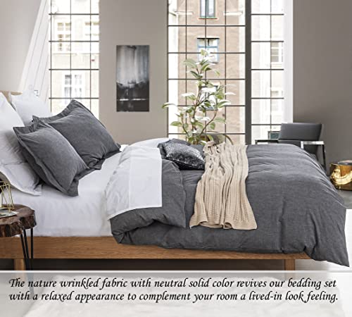  Duvet Cover Set (Cal. King 104"X96" Cover + 2 Pillowcases), Charcoal Washed Cotton Bedding, Zipper Closure