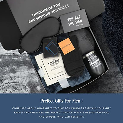  Get Well Soon Gifts Basket, After Surgery Care Package For Men, Curated Birthday Gifts With Memory Foam Pillow, Plush Blanket, Insulated Tumbler, Eye Mask, Socks, Game Cards, Greeting Card (Black)