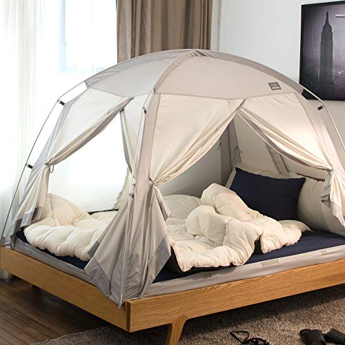  Signature 4Door Indoor Bed Tent, Privacy Play Tent On Bed For Warm And Cozy Dream Sleep Tent, Floorless Type Tent.Cotton Feeling Tent,S-PE Pole, Washable Tents (Gray, Twin)