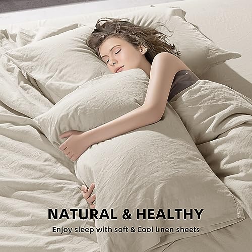  SONORO KATE 100% French Pure Linen Sheets, Breathable And Durable Line King Size Sheets, Anti-Tear Line Bed Sheets, Machine Washable, 16 Inch Deep Pocket - 4 Piece (Natural Linen, King)
