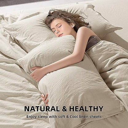 SONORO KATE 100% French Pure Linen Sheets, Breathable And Durable Line King Size Sheets, Anti-Tear Line Bed Sheets, Machine Washable, 16 Inch Deep Pocket - 4 Piece (Natural Linen, King)