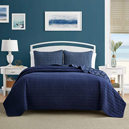  Luxury All Season Ultra Soft Enzyme Washed Reversible 1-Piece Quilt Coastal Pattern Crinkle Coverlet Bedspread, Full/Queen, Navy Blue Palm Leaves