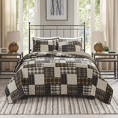  Reversible Quilt Cabin Lifestyle Plaid Design - All Season, Breathable Coverlet Bedspread Bedding Set, Matching Shams, Ridge Red King/Cal King(104"x92") 6 Piece