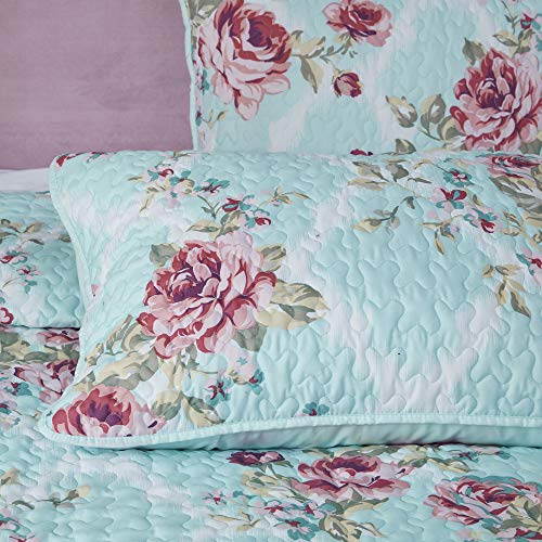  Comfort Spaces Reversible Quilt Set-Vermicelli Stitching Design All Season, Lightweight, Coverlet Bedspread Bedding, Matching Shams, King/Cal King (104 In X 90 In), Natalie Floral Blue 3 Piece