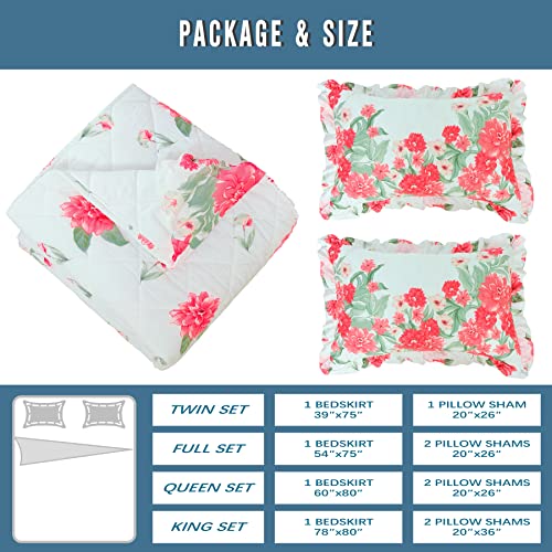  100% Cotton High 3-Pieces Ruffle Bed Skirt Queen Size Red Floral Quilted Bedspread Set With 2 Pillow Shams 20″Deep Dust Ruffle Drop 3-Side Dust Ruffle Drape Fitted Sheet For Bed Cover(White, Queen)