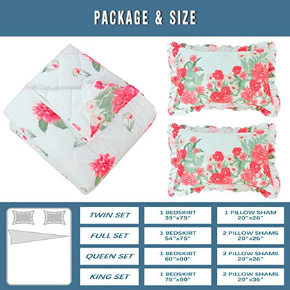  100% Cotton High 3-Pieces Ruffle Bed Skirt Queen Size Red Floral Quilted Bedspread Set With 2 Pillow Shams 20″Deep Dust Ruffle Drop 3-Side Dust Ruffle Drape Fitted Sheet For Bed Cover(White, Queen)