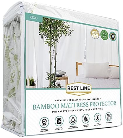  Est LINE Bamboo Jacquard Water Proof Mattress Protector (Queen), Cooling Technology 100% Bamboo,Hypoallergenic, Breathable And 100% Waterproof, Stretches Up To 18 Inches, 60X80 Soft Fitted Cover