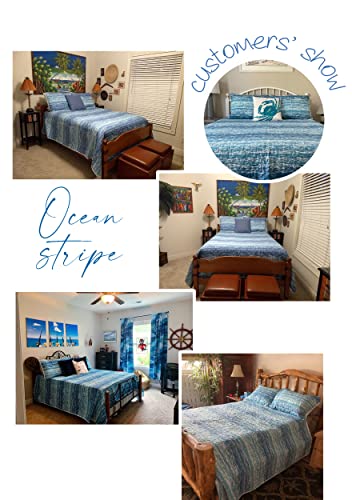  Ocean Stripe 3-Piece All Season Prewashed Quilt Set, Coastal Beach Theme, Natural Puckered/Textured Look, 100% Cotton Fabric, Unique Watercolor Stripe, Aqua, Blue, White, Full/Queen