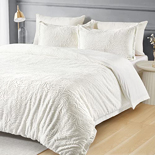  TILLYOU White Fluffy Duvet Cover Queen Set, Ultra Soft Shaggy Comforter Set Milk Crystal Velvet Bedding Faux Fur Plush Fuzzy Comforter Cover, 3 Pieces (1 Duvet Cover + 2 Pillow Shams)