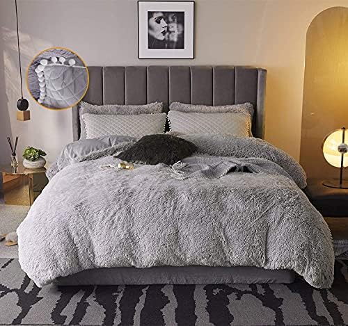  3pc Fluffy Plush Shaggy Duvet Cover Faux Fur Fluffy Comforter Bed Sets Ultra Soft Velvet Bedding Sets (1 Faux Fur Duvet Cover + 2 Pompoms Fringe Pillowcases) Zipper Closure Dark Grey, King