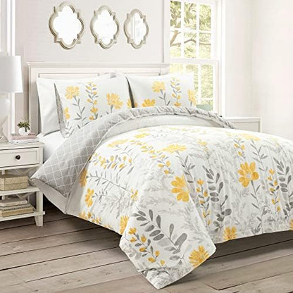  Lush Decor Yellow Aprile Reversible Quilt 3 Piece Floral Leaf Design Bedding Set, King, Blue & Gray