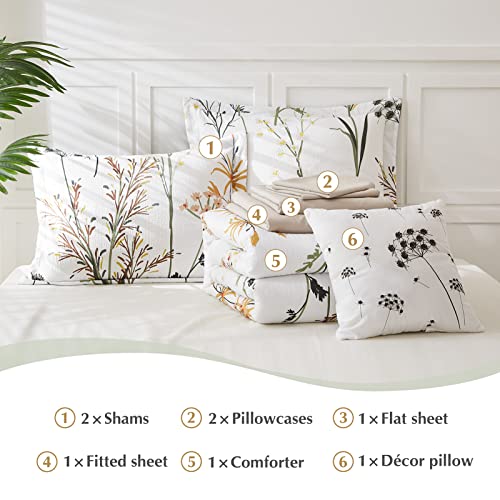  CASAAGUSTO Queen Comforter Set 8 PCS White & Green Dandelion Plant Comforter Set With Flowers Leaves Pattern Soft Seersucker Design All Season Microfiber Bedding Set With Decor Pillow (90"X90")