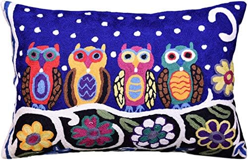  Kashmir Designs Lumbar Cushion Cover Hand Embroidered Wool 13x21 (Lumbar Poppy Pillow Cover Turquoise)
