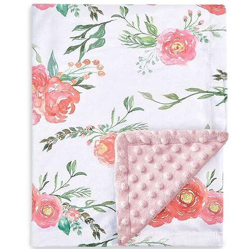  Baby Blanket For Girls Super Soft Double Layer Minky With Dotted Backing, Elegant Receiving Blanket With Pink Floral Multicolor Printed Blanket 30 X 40 Inch(75x100cm), Navy Blue