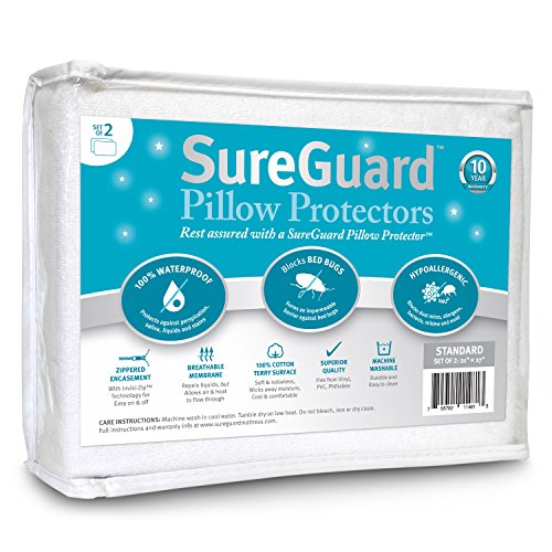  Of 2 Standard Size SureGuard Pillow Protectors - 100% Waterproof, Bed Bug Proof, Hypoallergenic - Premium Zippered Cotton Terry Covers