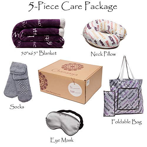  Chanasya 5-Piece Warm Hugs Positive Energy Healing Thoughts Comfort Caring Message Print Combo Gift Pack Throw Blanket, Neck Pillow, Eye Mask, Tote Bag, Socks - For Women Men Cancer Hospital Aubergine