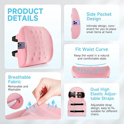  Fyore Lumbar Pillow Memory Foam Back Support Cushion With Anti-Slip Particles Designed For Lower Back Pain Relief Back Pillow 2 Adjustable Straps For Computer/Office Chair,Car Seat,Recliner(Pink)