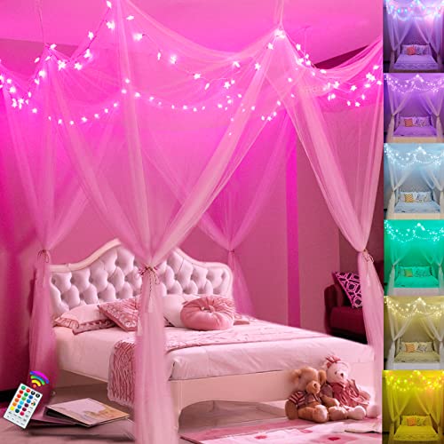  White Bed Canopy With Star Lights For Girls, 8 Corner Post Princess Canopy Bed Curtains With 100 LED Star Lights String Color Changing For Bedroom Decor Twin Full Queen King Bed