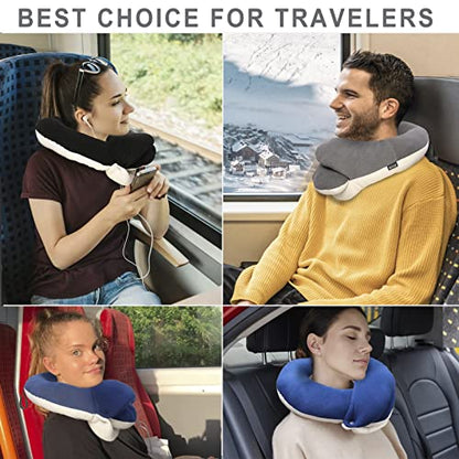  BUYUE Travel Neck Pillows For Airplanes, 360° Head Support Sleeping Essentials For Long Flight, Skin-Friendly & Breathable, Kit With 3D Contoured Eye Mask, Earplugs And Storage Bag (Adult, Grey)