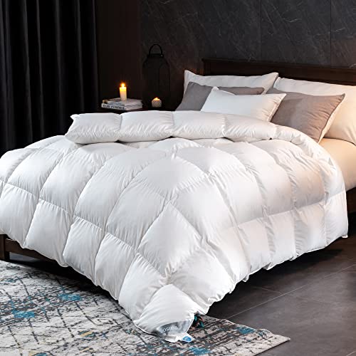  Goose Feather Down Comforter Queen Size, Ultra-Soft All Season Down Duvet Insert, Cotton Cover, 55oz Fill Weight Goose Down Comforter With Storage Bag (90x90)