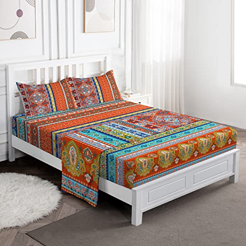  Jekeno Full Size Bohemian Bedding Sheet Set, Boho Sheet Set 3 Piece Colorful Tribal Striped Bed Sheets Set + Deep Pocket Fitted Sheets + Flat Sheet + Pillow Case