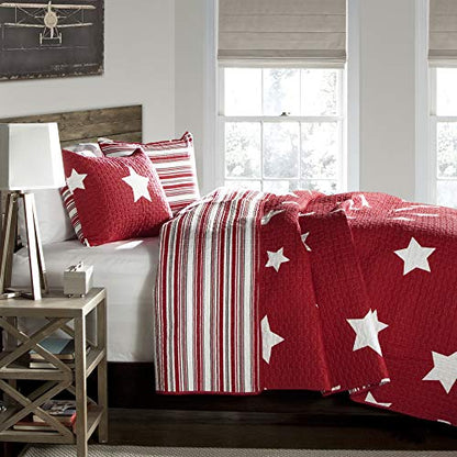  Red Star Quilt-Reversible 2 Piece Pattern Striped Bedding Set With Pillow Shams, Twin