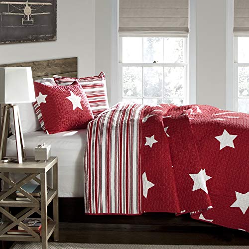  Red Star Quilt-Reversible 2 Piece Pattern Striped Bedding Set With Pillow Shams, Twin