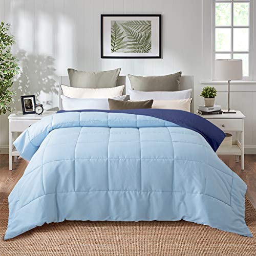  All Season Pre Washed Soft Microfiber White Goose Down Alternative Comforter With Box Stitching (Navy/Light Blue, Twin)