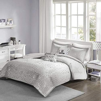  Zoey Triangle Metallic Print, Cozy Comforter Set All Season Bedding Set, Matching Sham, Decorative Pillow, Full/Queen, Grey/Silver 5 Piece