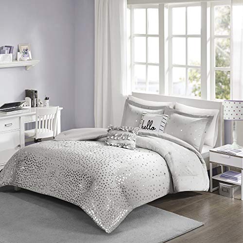  Zoey Triangle Metallic Print, Cozy Comforter Set All Season Bedding Set, Matching Sham, Decorative Pillow, Full/Queen, Grey/Silver 5 Piece