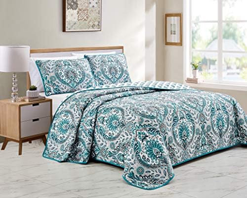  Linen Plus Quilted Coverlet Bedspread Set Turquoise Teal Grey Charcoal White New # Lori (King/Cal King)