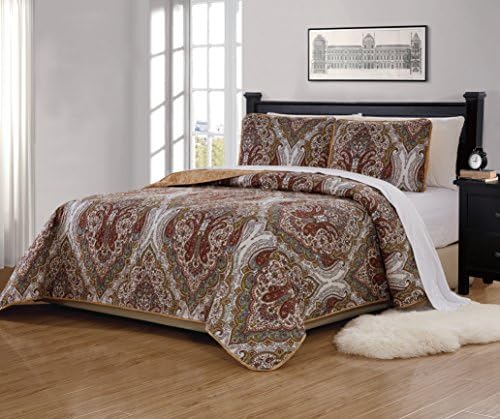  Quilted Bedspread Set Oversized Reversible Coverlet Floral Taupe Brown Green New (Full/Queen)