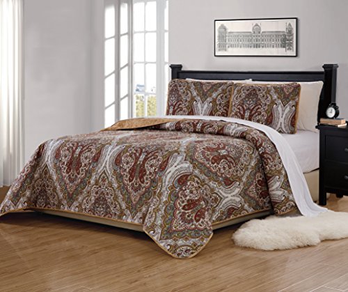  Quilted Bedspread Set Oversized Reversible Coverlet Floral Taupe Brown Green New (Full/Queen)