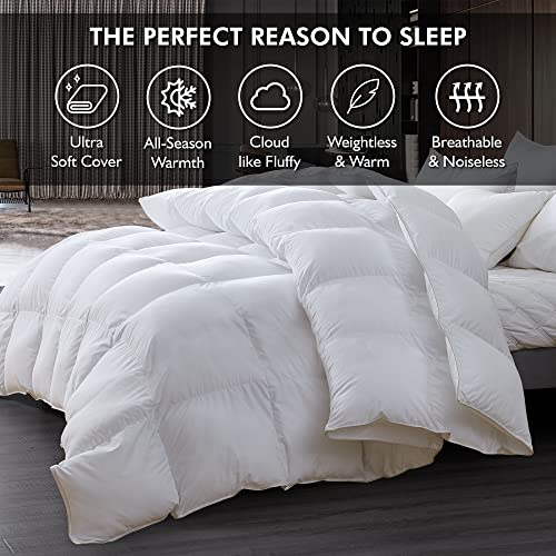  Luxurious King/California King Size Goose Down Fiber Comforter Down Feather Fiber Duvet, 100% Egyptian Cotton Cover, 58 Oz. Fill Weight, Baffle Box Design, White Solid