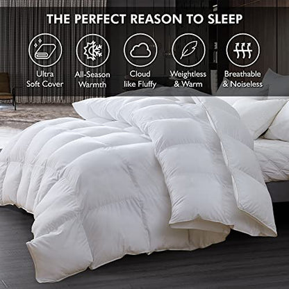  Luxurious King/California King Size Goose Down Fiber Comforter Down Feather Fiber Duvet, 100% Egyptian Cotton Cover, 58 Oz. Fill Weight, Baffle Box Design, White Solid