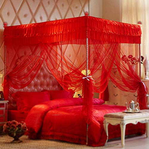  Mengersi Princess 4 Corners Post Bed Canopy Bed Curtains (Queen, Red)