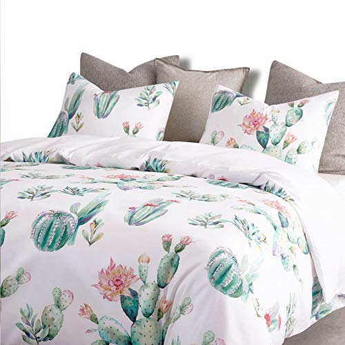  Wake In Cloud - Cactus Comforter Set, Watercolor Cacti Pattern Printed In Green Purple On White, Soft Microfiber Bedding (3pcs, Queen Size)