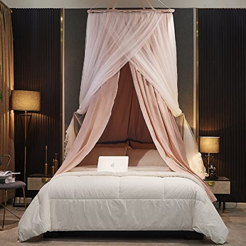  Luxurious Bed Canopy For Girls & Adults, Large Elegant Double Layer Bed Curtain Canopy Drapes, Round Dome Lace Princess Canopies Netting (Pink)