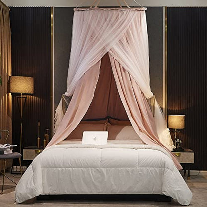  Luxurious Bed Canopy For Girls & Adults, Large Elegant Double Layer Bed Curtain Canopy Drapes, Round Dome Lace Princess Canopies Netting (Pink)