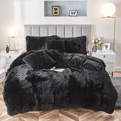  Faux Fur Velvet Fluffy Bedding Duvet Cover Set Down Comforter Quilt Cover With Pillow Shams, Ultra Soft Warm And Durable (Twin, Pink)