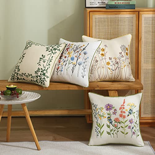  Tosleo Farmhouse Pink Tulip Embroidered Decorative Throw Pillow Covers 18x18 Set Of 2 Flowers Tufted Pillow Cushion Cases Square Floral Cotton Pillowcases For Wedding Sofa Couch Bedroom Living Room