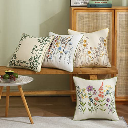  Tosleo Farmhouse Pink Tulip Embroidered Decorative Throw Pillow Covers 18x18 Set Of 2 Flowers Tufted Pillow Cushion Cases Square Floral Cotton Pillowcases For Wedding Sofa Couch Bedroom Living Room